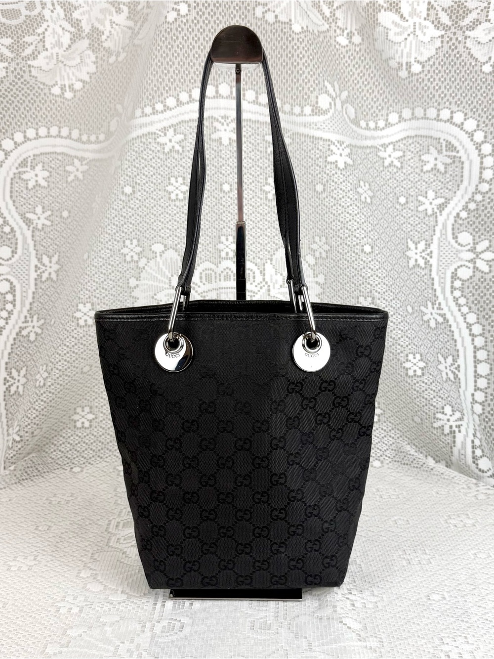 Gucci Black GG Canvas Tote with Silver-Tone Grommet Hardware